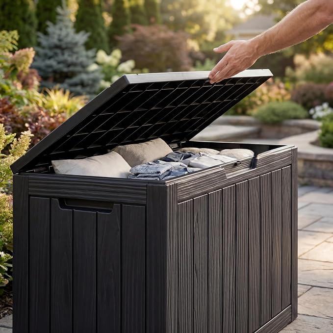 NicBex 45 Gallon Deck Box, Waterproof Resin Outdoor Storage Box Lockable for Patio Furniture, Fade Resistant Patio Side Table & Organizer for Garden Tools, Pool Floats, Outdoor Cushions, Black