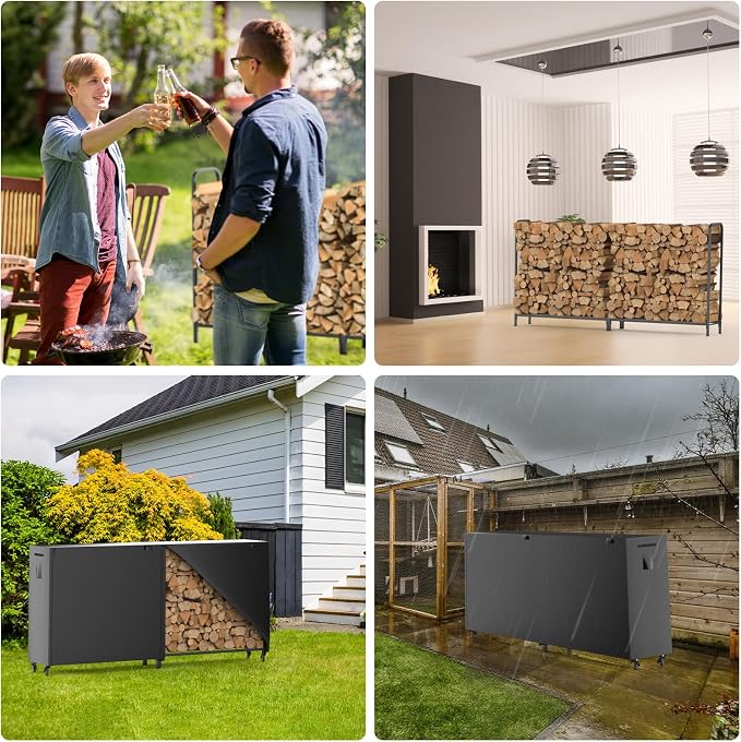 8ft Firewood Rack Outdoor with Cover, Heavy Duty Square Metal Wood Storage Log Holder Stacker, Indoor/Outdoor Use