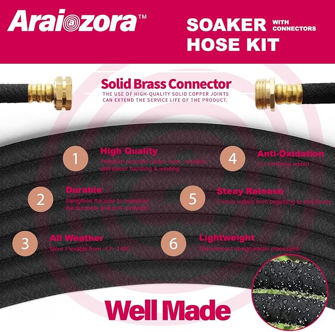 Soaker Hose 100FT 1/2 Inch Premium Kit with Solid Brass Connectors & Stakes, for Deep Root Watering in Flower Beds & Landscaping