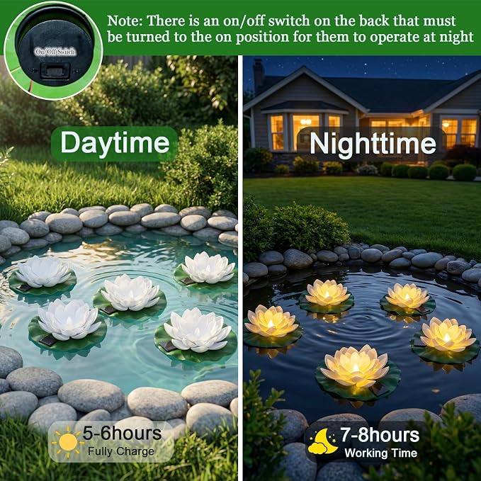 12 PCS Solar Floating Lotus Pool Lights - 7.09'' Waterproof Floating Flower with Light, Solar Water Activated Pool Lotus Lamp for Garden Pond Wedding Party Decoration (White)