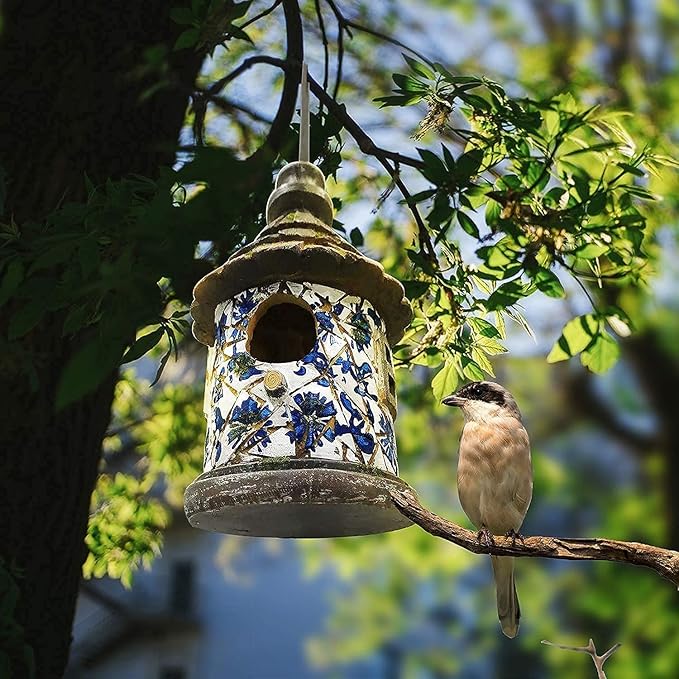 OUSHUAI Bird House for Outdoor with Pole Garden Decor Hanging Birdhouses Weatherproof BirdNest for Outside Bluebird, Finch, Wren, Chickadee, Wild Birds Big Size Resin White Bule