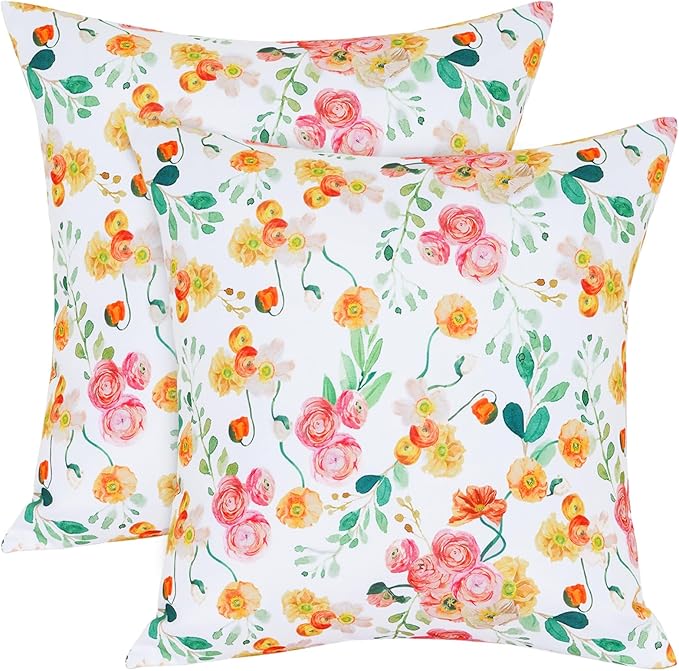 SquarePie Outdoor Pillow Covers 18x18 Inch Set of 2 - Waterproof Rose Square Cushion Covers for Patio Garden Furniture, Watercolor Florals Throw Pillow Cases for Couch Sofa Balcony Bench