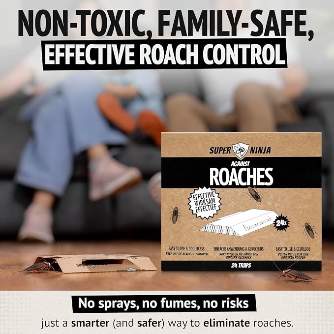 Super Ninja Roach Traps Indoor – 24 Pack, Roach Killer Indoor Infestation Control, Safe & Toxin-Free Cockroach Trap with Food Attractant, Nature-Friendly Pest Solution for Home, Garage & Shed