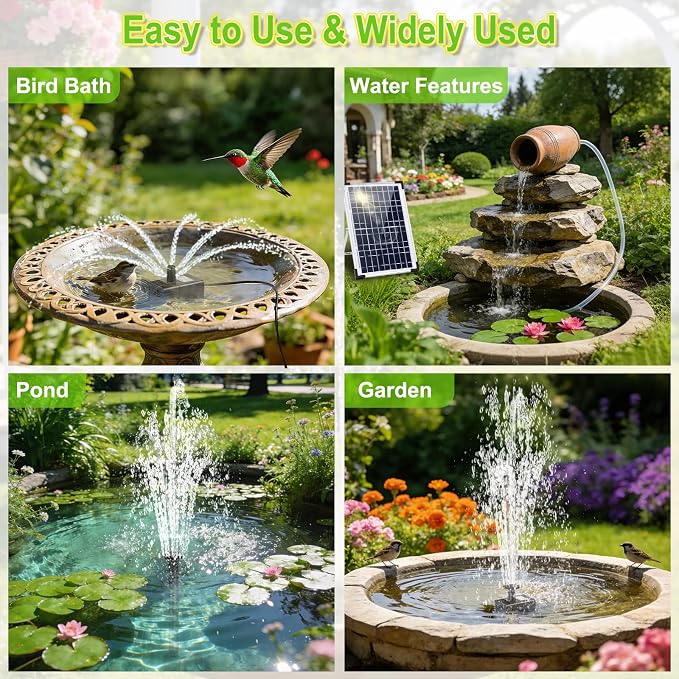Yeomi 12W Solar Fountain Pump, Solar Powered Water Pump 132 GPH with 6 Spray Nozzles & 10ft Cord, Solar Bird Bath Fountain for Outdoor Garden Pond Pool Patio Water Features