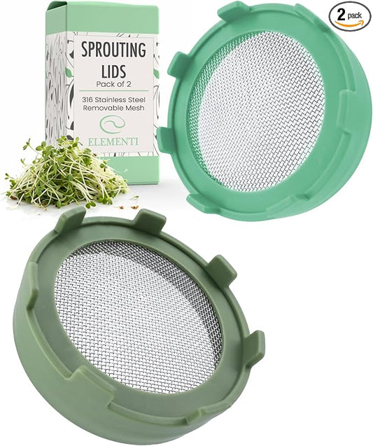 Elementi Sprouts Growing Kit for Wide Mouth Mason Jars, Set of 2 Sprouting Lids for Organic Alfalfa & Mung Bean Sprouts Grow Kit, 316 Stainless Steel Mesh Screen Strainer Lid (Sage Green)