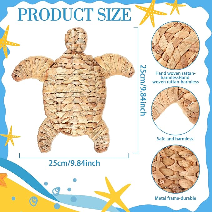 Threehoney Sea Turtle Beach Theme Decor 9.84 Inch Handmade Wicker Turtle Wall Decor Sea Life Hanging Wall Art Coastal Nautical Sculpture Table Decoration for Boho Bathroom Indoor Outdoor Ornament