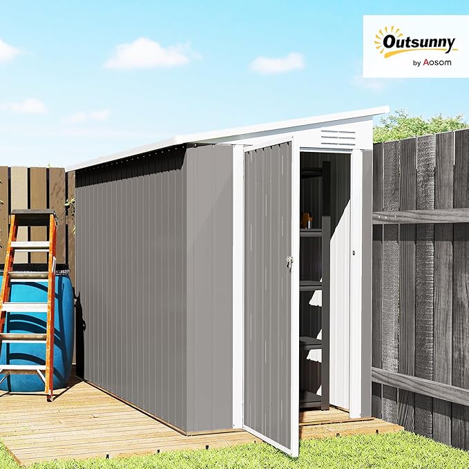 Outsunny 4' x 8' Metal Outdoor Storage Shed, Lean to Storage Shed, Garden Tool Storage House with Lockable Door and 2 Air Vents for Backyard, Patio, Lawn, Light Gray