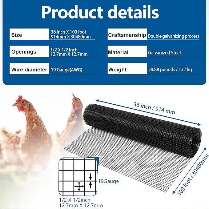 Black Hardware Cloth 1/2 inch 19Ga PVC Coated Wire Mesh Vinyl Coated Fence Welded Metal Chicken Wire Fencing Roll (1/2 inch 36in x 100ft)