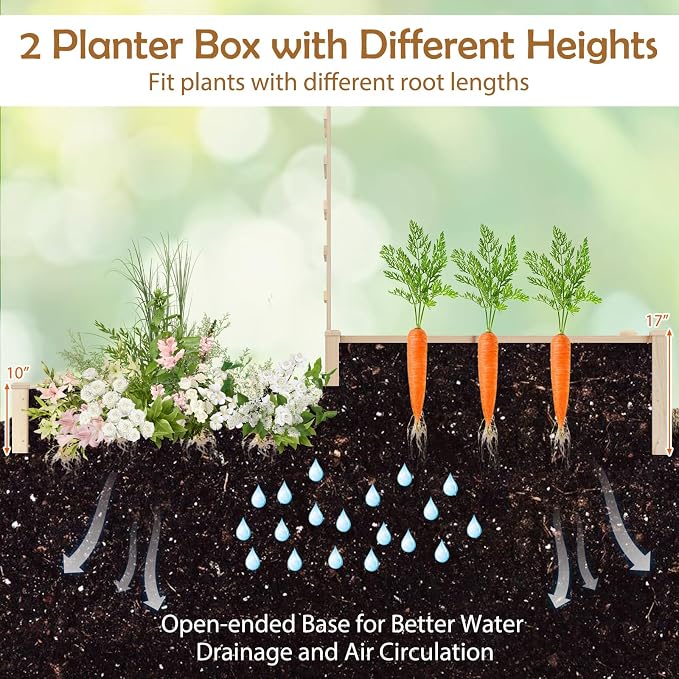 Giantex Wooden Raised Garden Bed with Trellis & 2 Planter Boxes, Raised Bed for Vegetables Flowers Vine Fruits Herbs Gardening Planting, Outdoor Garden Box for Patio Backyard Lawn
