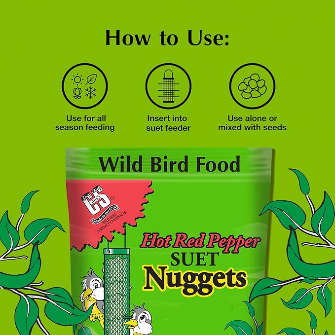 C&S Hot Pepper Suet Nuggets, Outdoor Wild Bird Food for Woodpeckers, Chickadees, Cardinals, Nuthatches and More, 27 Ounces