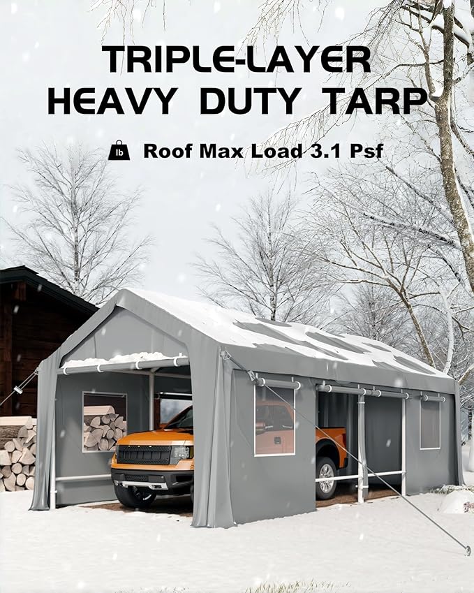 Heavy Duty Carport Replacement Canopy Cover – Waterproof, UV & Wind Resistant PE Tarp – Fits 13x25 ft, 200G – Grey, Top Cover Only (Frame Not Included)