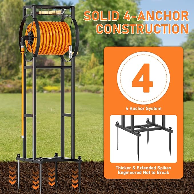 Garden Hose Reel Stand with Storage Rack - 125ft 5/8" Water Hose Organizer Holder, 4 Ground Spikes & Hooks, Universal Water Hose Adapter, Detachable Metal Frame, Black