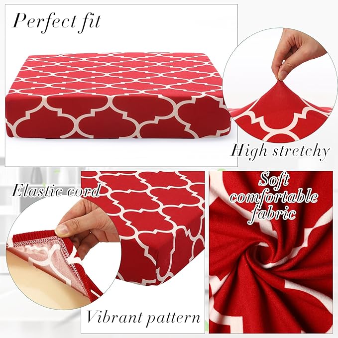 Newwiee 4 Pcs Waterproof Outdoor Cushion Covers for Patio Furniture Stretch Outdoor Couch Cushion Covers Replacement Moroccan Pattern Chair Seat Sofa Slipcovers Soft Flexibility Protector(Wine Red)