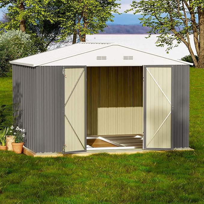 Patiowell 10 x 8 FT Outdoor Storage Shed with Floor Frame, Garden Metal Shed with Sloping Roof and Lockable Door, Large Tool Outside Sheds for Backyard Garden Patio Lawn, Gray