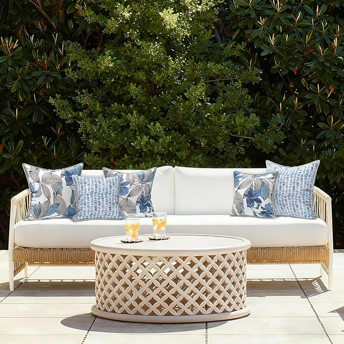 LVTXIII Outdoor Throw Pillows 20x20 Patio Waterproof Square Pillows with Piping Fade Resistant Accent Pillow for Spring Summer Garden Decoration, Set of 2, Clemens Noir Blue