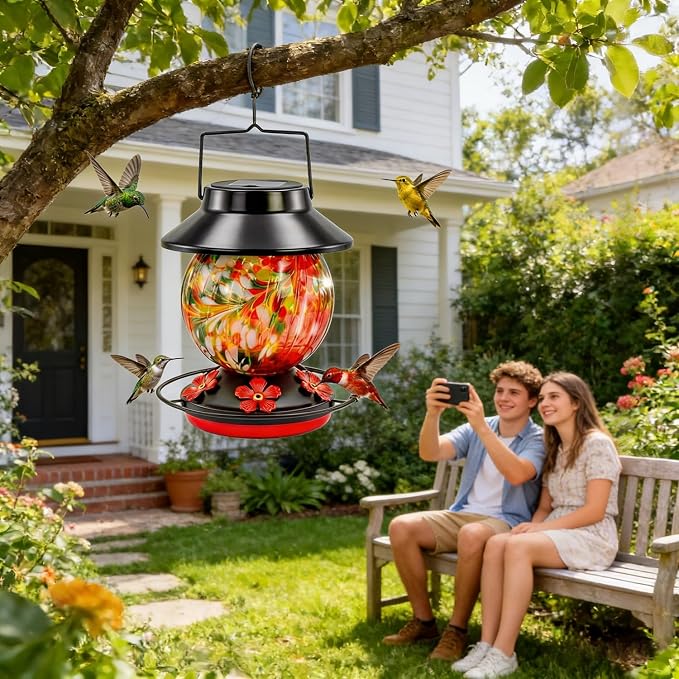 Solar Hummingbird Feeder for Outdoors 24oz Solar Powered Hummingbird Feeder Hand Blown Glass 7 Color Changing for Outdoors Garden Hanging Water-Proof Leak Proof Wild Bird Feeders Gifts for Women Mom