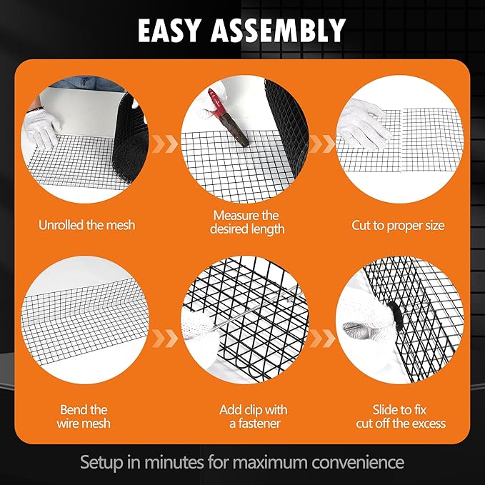 Solar Panel Bird Guard Mesh| 8in x 100ft Black PVC Coated Heavy Duty Galvanized Mesh Roll,70pcs Stainless Steel Clips Fasteners,Critter Guard Roll Kit for Solar Panel