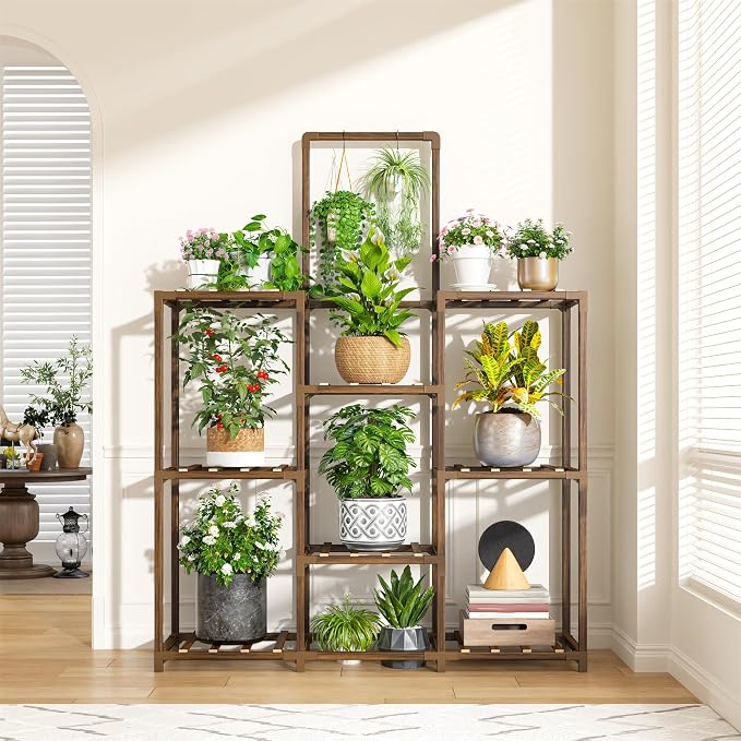 EnHomee Plant Stand Indoor Tall Plant Stand Outdoor Large Wood Plants Shelf with 10-12 Pots for Patio, Living Room, Garden, Balcony, 34.5" Wx47.3 Hx11.78 D