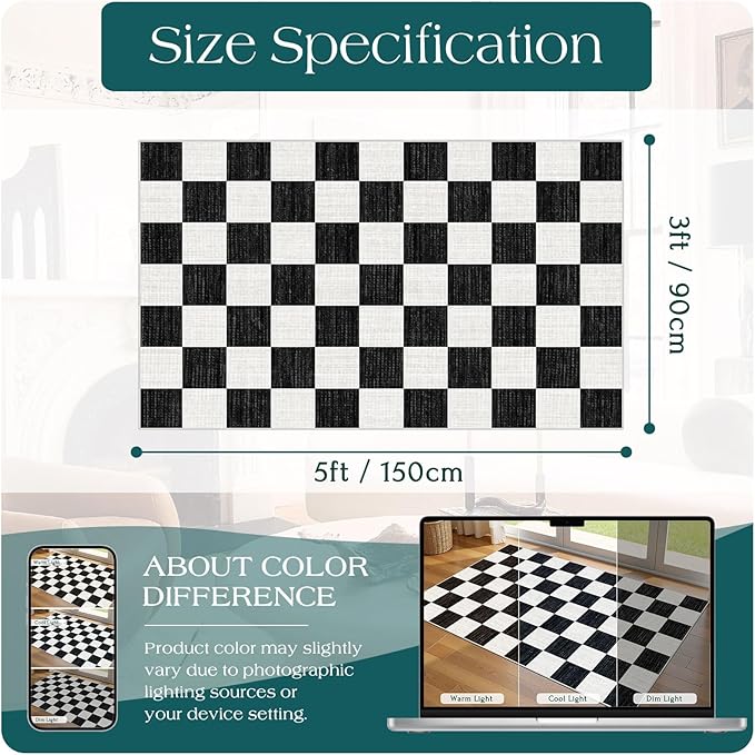 Black and White Checkered Entry Rug - 3x5 Ft Non-Slip Washable Indoor Outdoor Front Door Mat Porch Rug Geometric Throw Carpet for Living Room Bedroom Entryway Kitchen Office Porch Decor