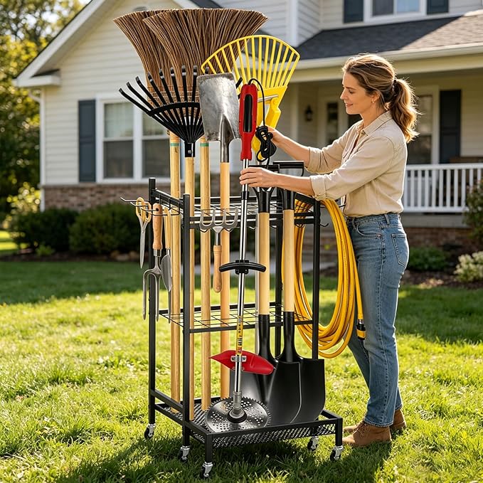 Garden Tool Organizer Rack with Wheels Up to 35 Tools, Heavy-Duty Steel Yard Tool Organizer for Garage Storage with 11 Hooks, Broom Holder & Garden Tool Rack for Shed, Patio, Lawn, Outdoor, Black