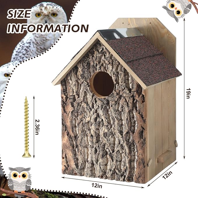 Weysat 1 Pack Screech Owl House for Outdoor Owl Nesting Box for Outside 12 x 12 x 19 Inch Cedar Wood Weather Resist Hang Handcraft Bark Shelter for Owls Bird Wildlife Lovers Garden Decor Easy Assembly