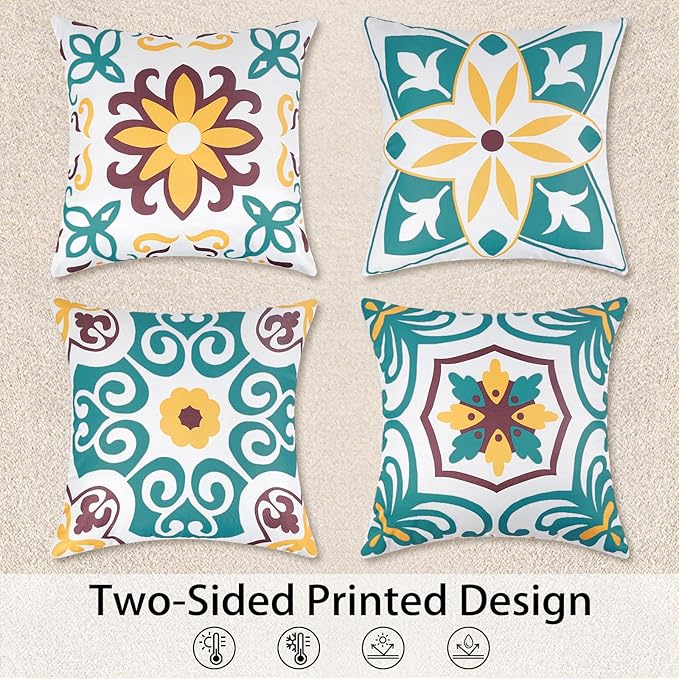 Pyonic Waterproof Outdoor Pillow Covers 18x18 inch Set of 4 Morocco Vintage Floral Boho Throw Pillow Covers Water Resist Outdoor Pillows for Patio Furniture Garden Yard,Turquoise