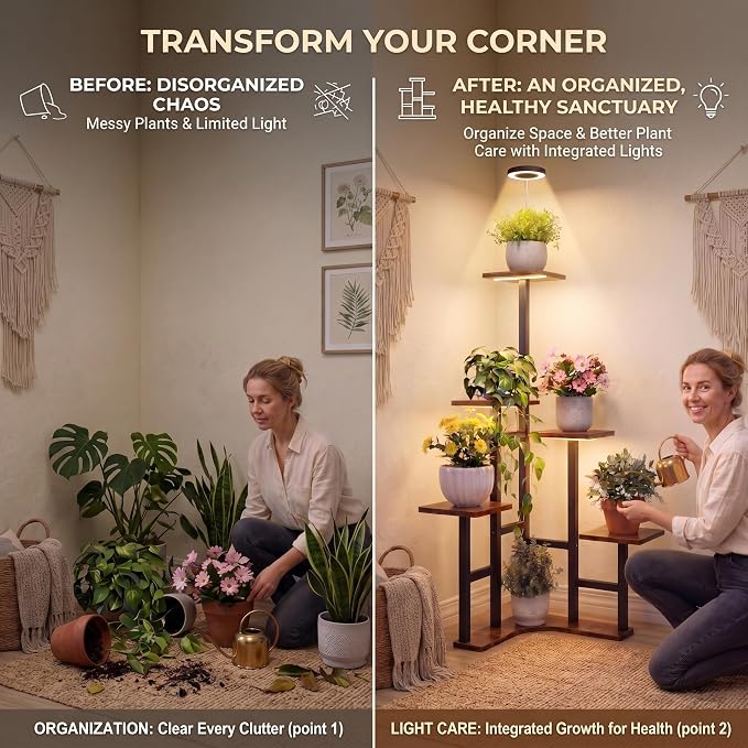 Plant Stand Indoor with Grow Lights, 6 Tiered Corner Plant Stands for Indoor Plants, Max Height: 43" Corner Shelf & Plant Shelf, Flower Display Holder, Corner Shelves for Living Room Gardening Warm Light Auto Timer 3H/9H/12H