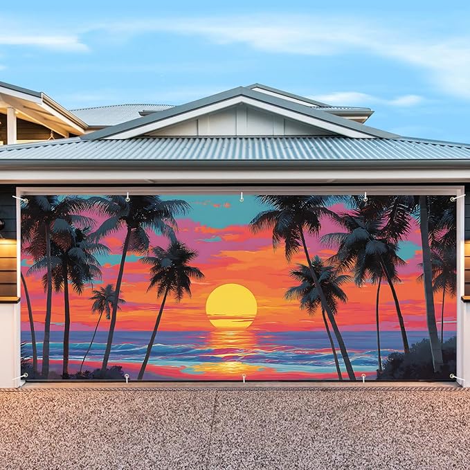 7 * 16FT Summer Garage Door Cover Decorations Sunset Palm Trees Garage Door Banner for Outdoor Indoor Summer Party Photography Backdrop (Summer Sunset, 7 * 16 ft)