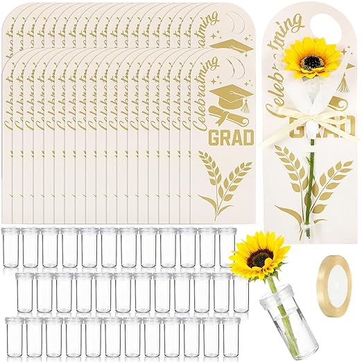 Eaasty 48 Set Graduation Day Themed Single Sunflower Card Sleeve Grad Gift Packaging Flower Holder with Floral Water Tubes Ribbon Floral Tissue Paper for Flower Packing