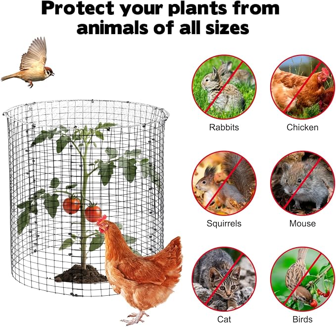 6 Sets of 18'' x 12'' Garden Plant Protectors from Animals with Detachable Covers Metal Plant Cage Chicken Wire Cloche with Ground Stakes and Nylon Tie Wire Plant Cage to Keeping Bunny Animals Out