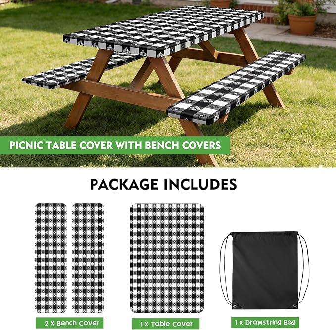 Picnic Table Cover with Bench Covers, Fitted 6ft Waterproof Tablecloth Set for Outdoor Camping & RV - Includes 1 Table Cover & 2 Bench Covers with Drawstring Storage Bag, 30"x72", Four-leaf Clover