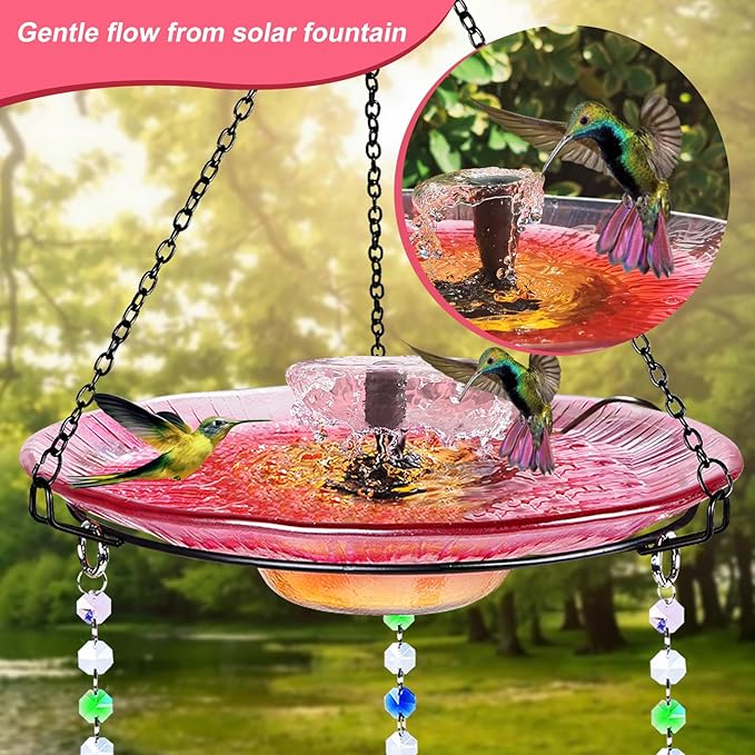 Headak Life Hummingbird Feeder Glass with Hanging Bird Bath for Outside Combo Set,12 Fluid Ounces,Solar Hummingbird Bath with Fountain (11inch),Backyard, Patio Garden Yard Decoration (Red)