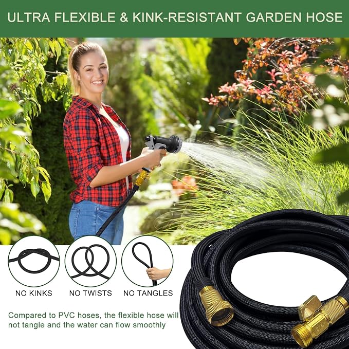 Garden Hose Non-Expandable 50 ft, Lightweight Flexible Water Hose with 10 Function Spray Nozzle, Outdoor Leak Proof, Kink-Free, Portable Hose for Yard, Lawn, Camper, High-Density Fabric, Black Grey