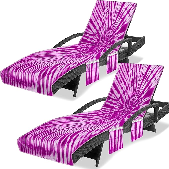 Lounge Chair Towel Cover, Tie Dye Style Chaise Lounge Cover(Pack of 2), Beach Chair Covers with Pockets for Pool Sunbathing Beach Garden Courtyard Outdoor Trips, 85 x30 in, Purple