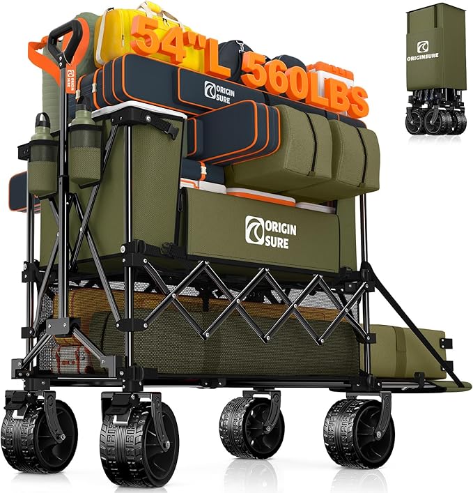 Originsure 400L Double Decker Wagon Collapsible with 54" L Tailgate, 560lbs Heavy Duty Carts Foldable, Extra Large Folding Beach Wagon with Big All-Terrain Wheels for Camping, Sports, Groceries, Green