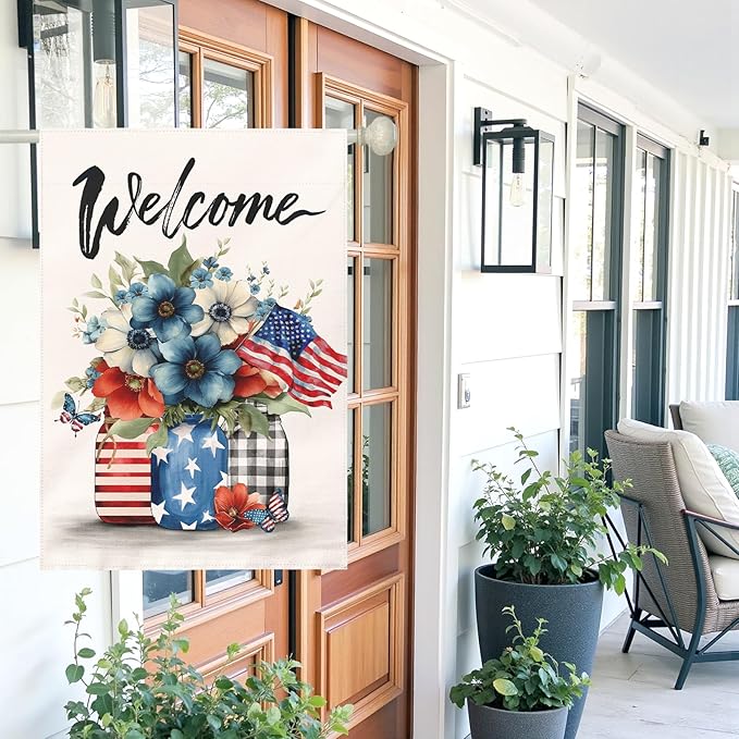 Patriotic Fourth of July House Flag Welcome Red White and Blue Mason Jar Flowers Garden Flags American Flag Floral Farmhouse Outdoor for Independence Day Memorial Day Veterans Day 28 x 40 Inch