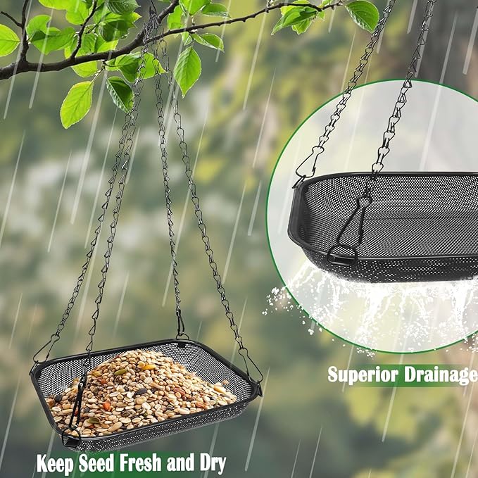 Hanging Bird Feeder for Outdoors – 12 x 8 in Rectangular Platform Bird Feeder, Metal Mesh Seed Tray for Wild Birds, Black