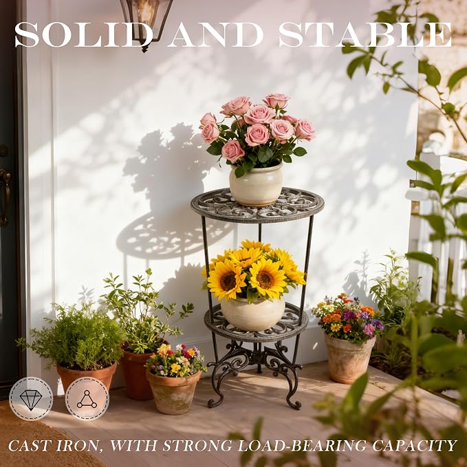 Heavy-Duty Cast Iron Plant Stand 26-Inch Double-Layer Metal Plant Rack, Heavy-Duty Corner Plant Stand for Indoor and Outdoor Decoration Vintage Garden Pots Container Supports