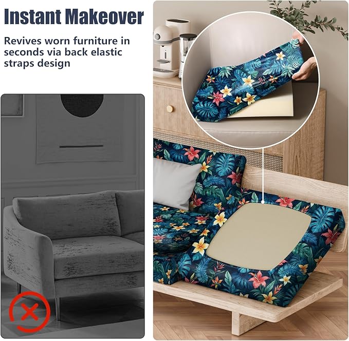 8Pcs Patio Stretch Cushion Covers, Outdoor Couch & Sofa Replacement Slipcovers for Patio Furniture Cushion Covers, Washable Reusable Furniture Protector, Square Large, Tropical Flower