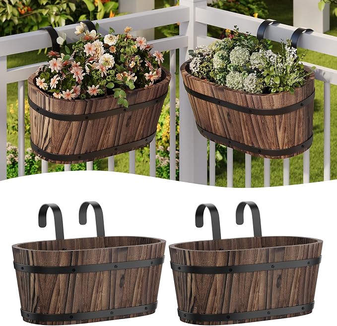 Railing Planters for Outdoor Plants Balcony Hanging Flower Pots with Detachable Hooks, Window Flower Box Hanging Bucket Pots Fence Planters for Garden Home Decor(Carbonized-2pack, Large)