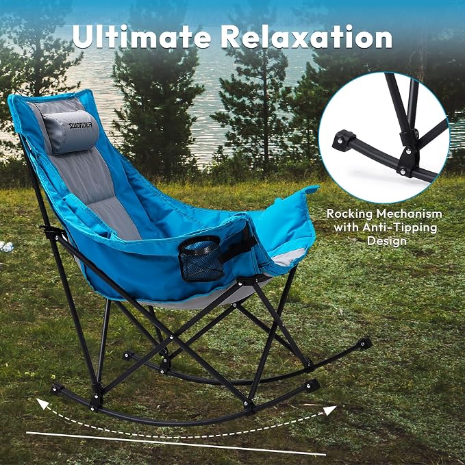 Swonder Oversized Rocking Camping Chair with Innovative 2-in-1 Removable Seat Cushion for All Seasons, Fully Padded Folding Outdoor Chair with Headrest and Carry Bag