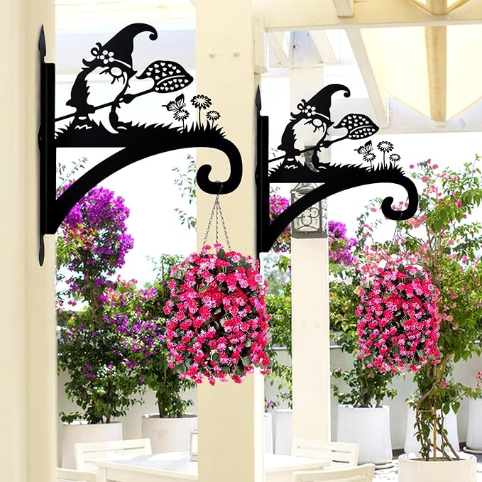 Hanging Plant Bracket Heavy Duty Iron Ornamental Gnome Silhouette Hanging Plant Hangers Outdoor 12 inch Basket Bracket Hook Wall Mounted for Flower Pot, Lantern, Bird Feeder, Wind Chimes