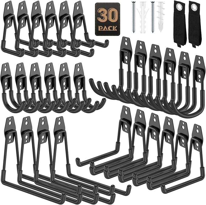 30 Pack Garage Hooks, Heavy Duty Steel Wall Mount Utility Hangers with Anti-Slip Coating for Hanging Bikes, Ladders, Power Tools, and Garden Equipment