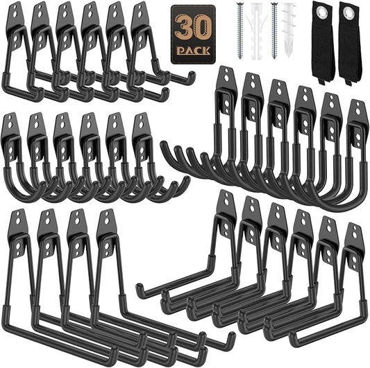 30 Pack Garage Hooks, Heavy Duty Steel Wall Mount Utility Hangers with Anti-Slip Coating for Hanging Bikes, Ladders, Power Tools, and Garden Equipment