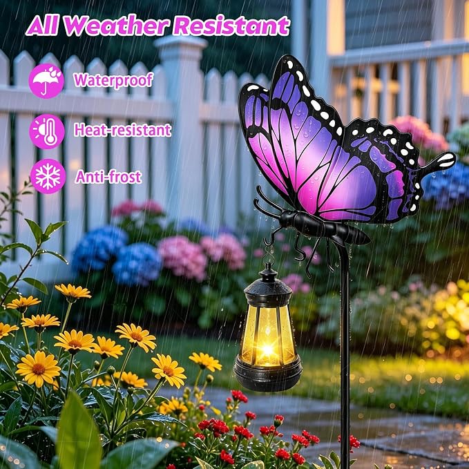 Solar Butterfly Garden Lights Outdoor, Purple Butterfly Hanging Lantern with Warm LED Glow, Waterproof Metal Stake Light for Yard Patio Lawn Pathway, Decorative Solar Garden Decor Gifts for Women Mom