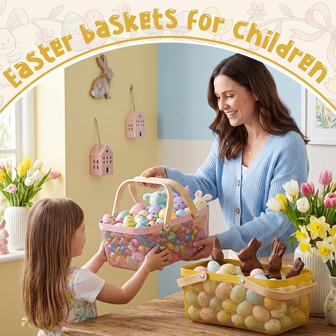 Sadnyy 4 Pcs Macaron Easter Metal Wire Storage Basket with Handle Mesh Harvest Durable Vegetables Fruit Toy Basket for Garden Organizing, Kitchen, Countertop, Closet, Bedroom (16 x 9.8 x 7.1 Inch)