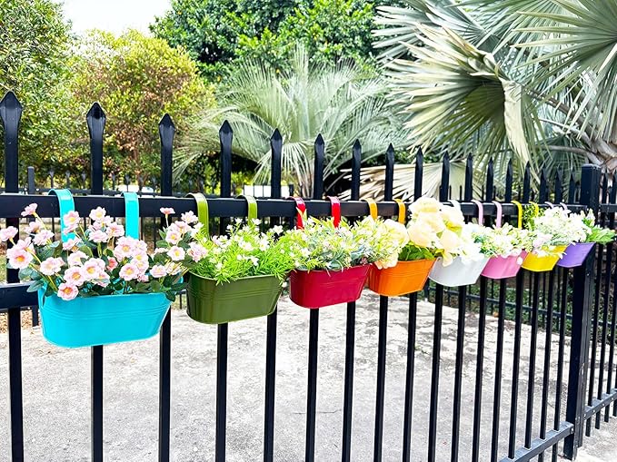 8 Pack Hanging Planters 10", Colorful Metal Bacony Railing Planter for Outdoor Decor, Countryside Fence Pot Flower Bucket for Rails Patio Garden, Plant Pot for Herb (9.8", Pack of 8)