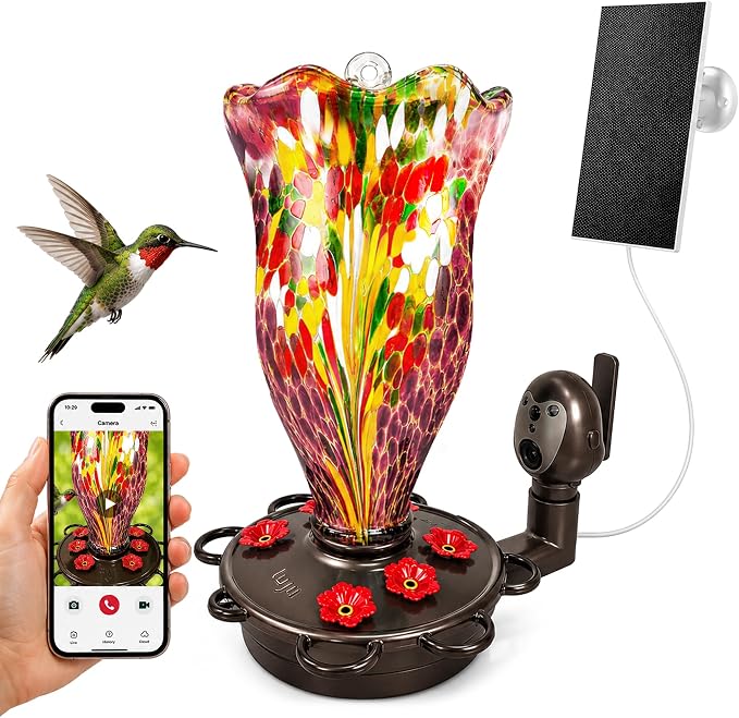 LUJII Smart Hummingbird Feeder with Camera, Hand Blown Glass for Outdoor Hanging, Solar WiFi Feeder with Live View App, 6 Feeding Ports, Leak-Resistant Design, Ant Moat & Gift Box, 32 fl oz, Purple