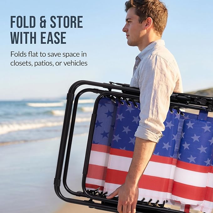 Best Choice Products Set of 2 Extra Wide Adjustable Steel Mesh Zero Gravity Lounge Chair Recliners w/Pillows and Cup Holder Trays - American Flag