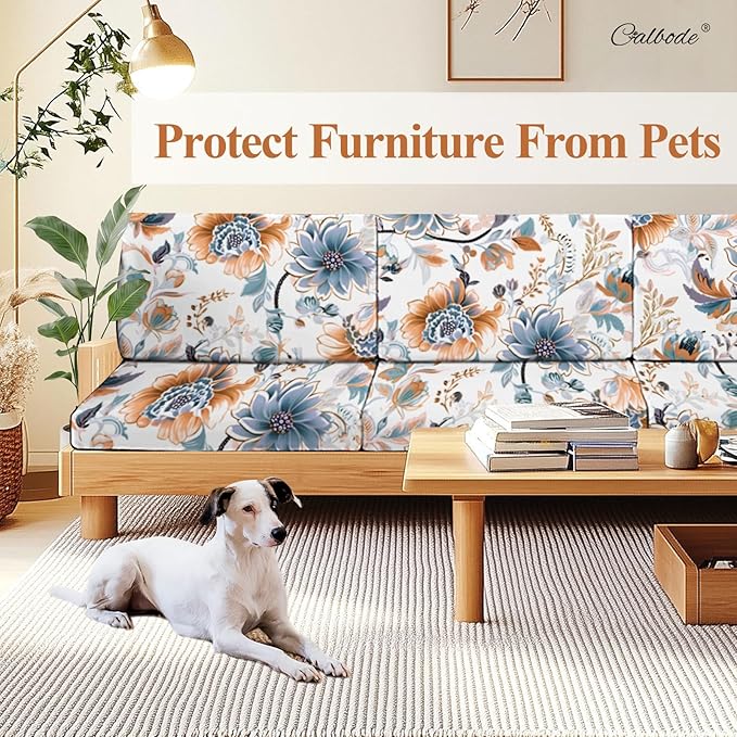 CALBODE 8Pcs High Elastic Digitally Printed Sofa Seat Cushion Cover, Soft & Comfortable Reusable Floral Print Stretch Couch Cushion Slipcover for Outdoor Furniture Protector Replacement, All-Season